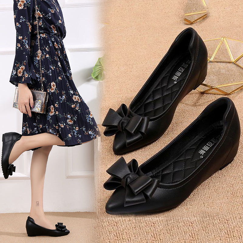 小码31 32 33单鞋浅口尖头坡跟内增高豆豆鞋黑色职业工鞋休闲女鞋