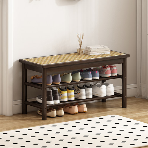换鞋凳门口家用入户穿鞋凳藤编凳子玄关竹木鞋架进门可坐民宿鞋柜