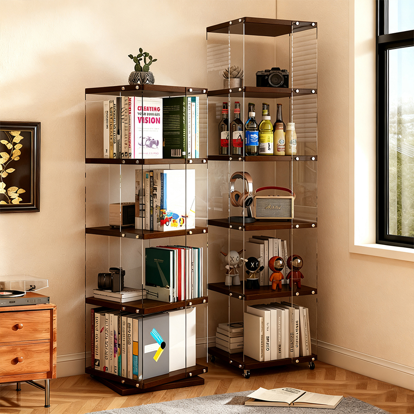 亚克力旋转书架落地置物架可移动