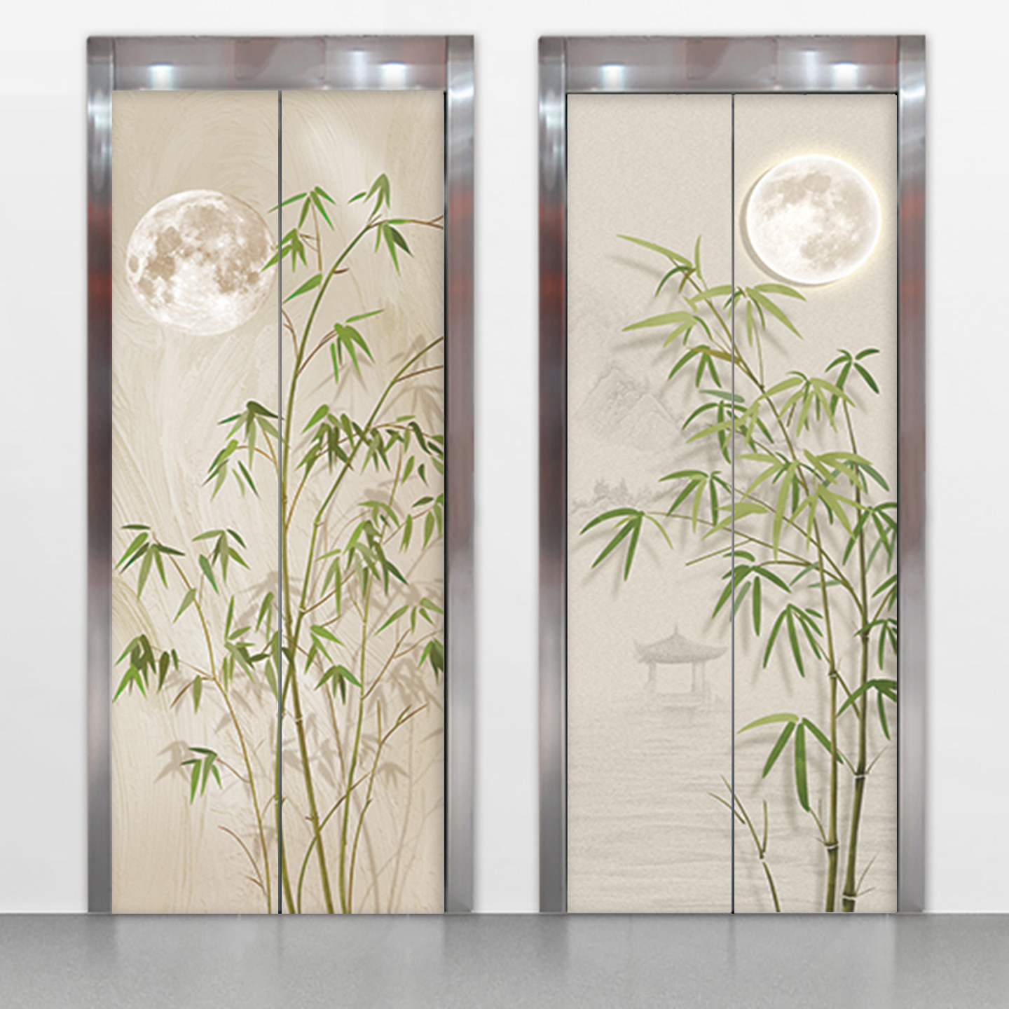 新中式竹子入户电梯门自粘防水贴图片