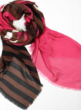 条纹领巾百搭气质高级感秋冬粉色围巾羊毛围巾条纹粉紫色FD玫红