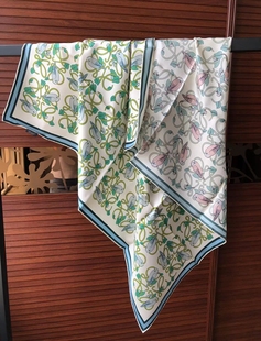 优顺锦真丝斜纹绸18姆米砂洗重磅90丝绸大方巾绿色花卉鸟围巾丝巾