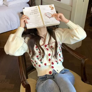 女装 甜美别致上衣复古刺绣毛衣针织开衫 chic早春季 2022年新款 法式