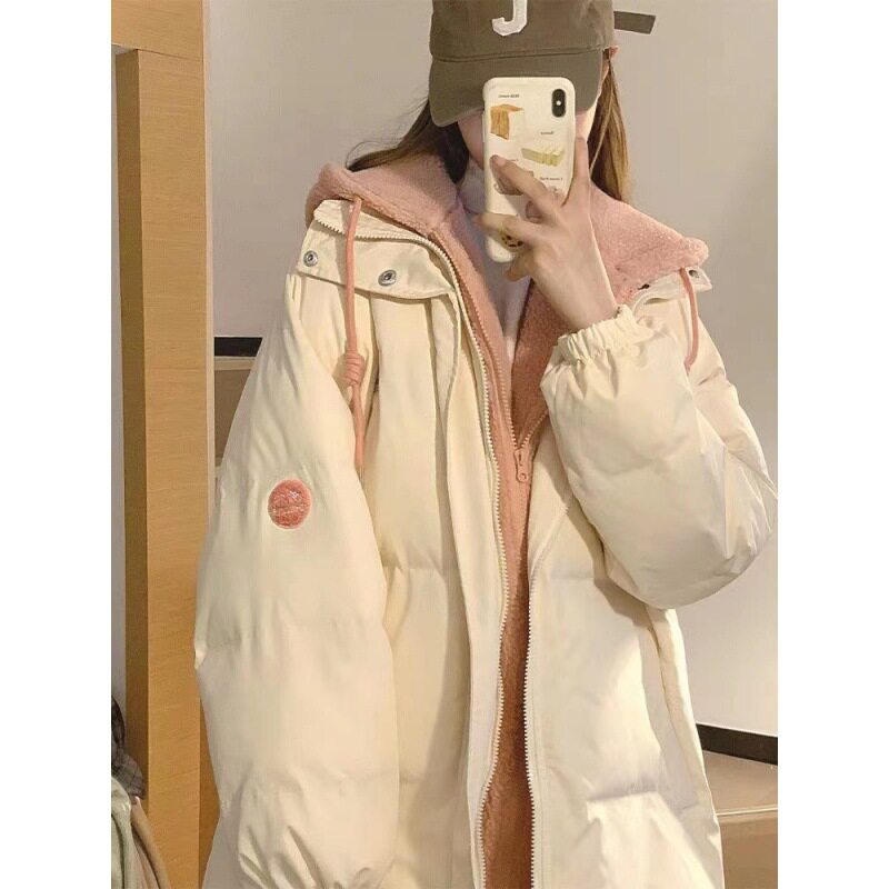 羊羔毛拼接假两件加厚连帽羽绒棉棉衣/棉服