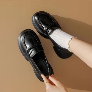 女2024秋季 一脚蹬软皮单鞋 新款 英伦小皮鞋 厚底百搭法式 黑色乐福鞋