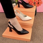 女软皮2025夏季 新款 黑色百搭尖头气质浅口单鞋 高跟鞋 包头后空凉鞋