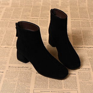 2025新款磨砂皮短靴粗跟圆头百搭软皮绒面瘦瘦靴子粗跟春秋女单靴