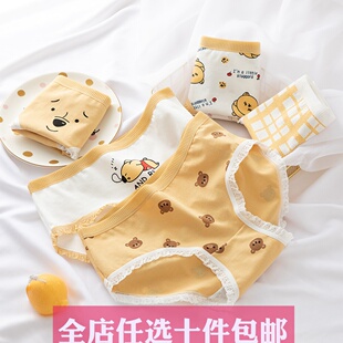 全棉日系可爱小熊蕾丝花边少女内裤纯棉裆中腰可爱卡通学生内裤女