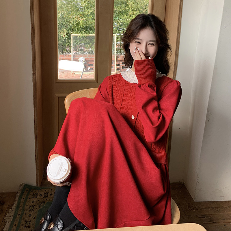 红色小香风毛衣拼接假两件连衣裙女2024早秋新款收腰显瘦针织裙子,女装连衣裙,维壹