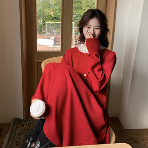 红色小香风毛衣拼接假两件连衣裙女2024早秋新款收腰显瘦针织裙子图片
