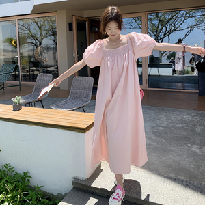 现货!粉色泡泡袖方领连衣裙女夏法式温柔风长裙3009P115控168图片