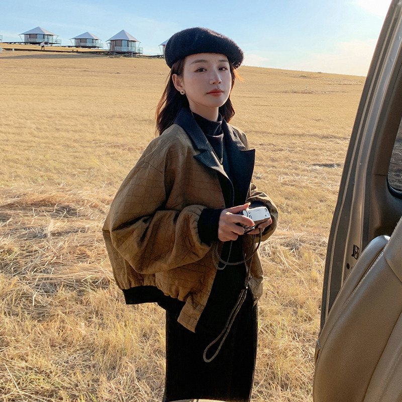 咖色拼接短外套女2024早春新款高级感韩系小个子炸街时尚百搭上衣,女装短外套,维壹