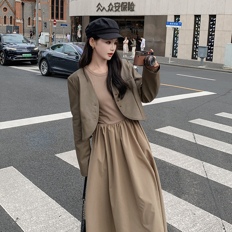美拉德PU皮衣连衣裙套装女2025秋新款气质时尚洋气高腰裙子两件套,女装套装/套裙,维壹
