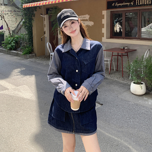 2C166设计感条纹拼接衬衫女秋季牛仔短裙两件套 6015P145K218,女装套装/套裙,维壹