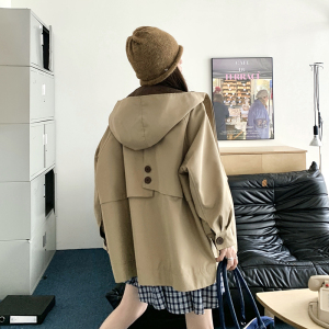 卡其色韩系连帽女慵懒风松弛减龄抽绳外套洋气风衣6058P175k258图片