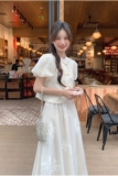 米白色新中式刺绣套装裙女2025夏季新款气质盘扣上衣半身裙两件套，女装套装/套裙，2C166