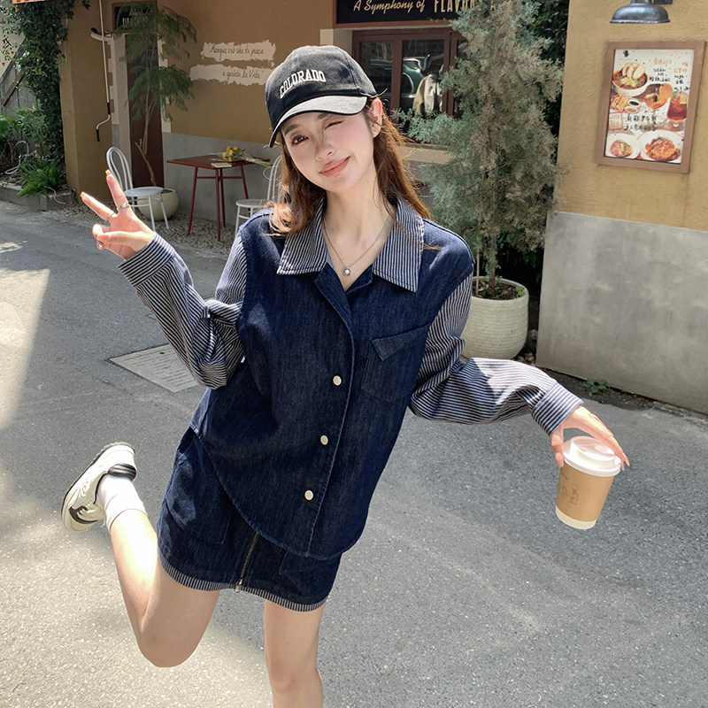2C166设计感条纹拼接衬衫女秋季牛仔短裙两件套6015P145K218,女装套装/套裙,维壹