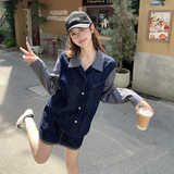 2C166设计感条纹拼接衬衫女秋季牛仔短裙两件套6015P145K218，女装套装/套裙，维壹