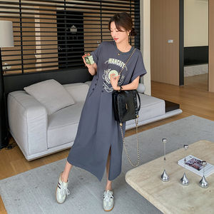 法式盐系慵懒风T恤连衣裙女2025夏季新款韩版宽松显瘦开叉长裙子图片