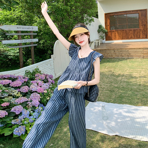 时尚炸街条纹套装女夏季2025新款韩版飞飞袖上衣直筒阔腿裤两件套图片