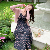 现货！粉色针织开衫吊带裙法式碎花连衣裙两件套5069P135K198，女装连衣裙，维壹