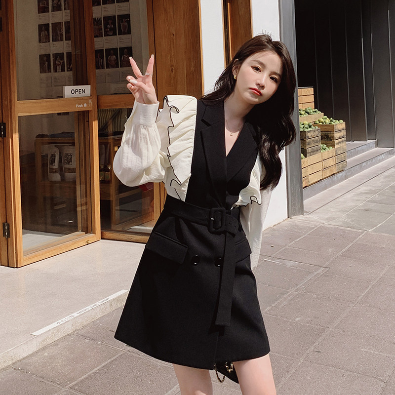 轻熟风荷叶边西装连衣裙女2023春季新款法式御姐收腰显瘦气质裙子,女装连衣裙,维壹