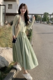 现货主推！度假风吊带连衣裙女甜美格子裙长裙两件套5038P135K198，女装连衣裙，2C166