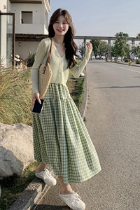 现货主推！度假风吊带连衣裙女甜美格子裙长裙两件套5038P135K198图片