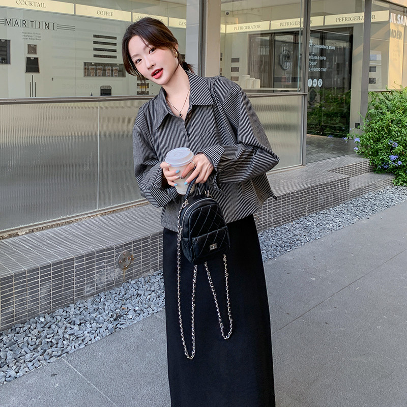 时尚套装牛仔高腰秋季针织中长款开叉连衣裙长裙春秋显瘦气质黑色,女装套装/套裙,维壹