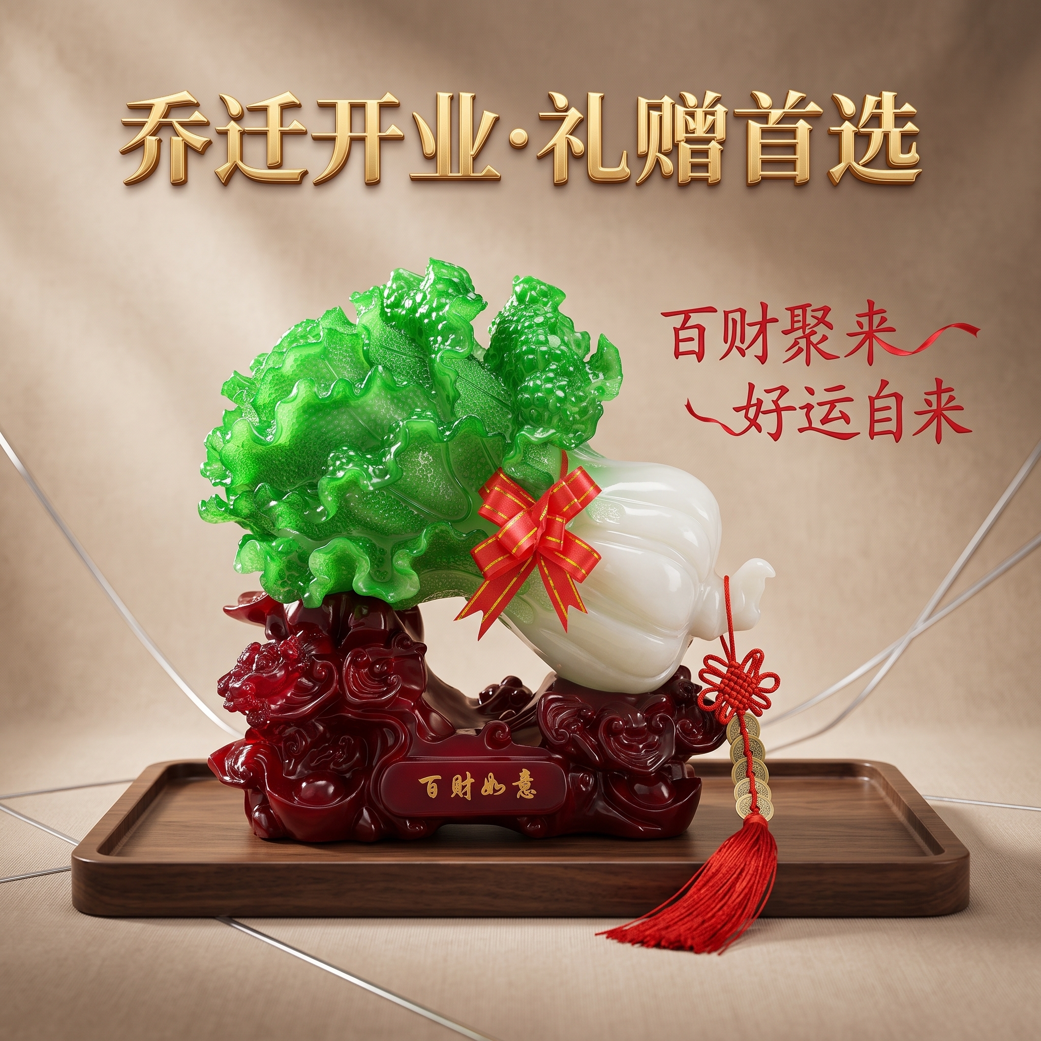 【旺铺首选】顺丰百财如意翡翠白菜摆件招财开业礼品客厅酒柜玄关