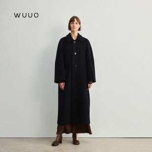WUUO 【林下风气】羊毛大衣女2026秋冬翻领茧型黑色毛呢外套