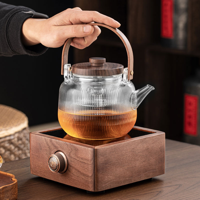 实木电陶炉煮茶器煮茶炉套装玻璃蒸煮两用茶壶蒸汽烧水壶普洱茶具