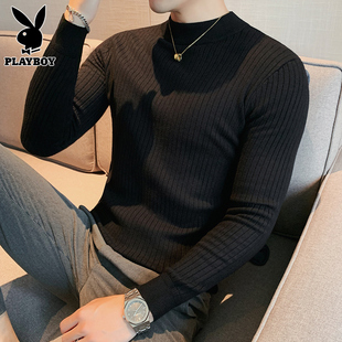 花花公子黑色毛衣男士修身线衣秋冬季新款潮流半高领打底针织衫男