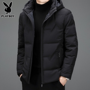 黑色连帽休闲外套男 加厚保暖简约2024新款 花花公子冬季 羽绒服男士