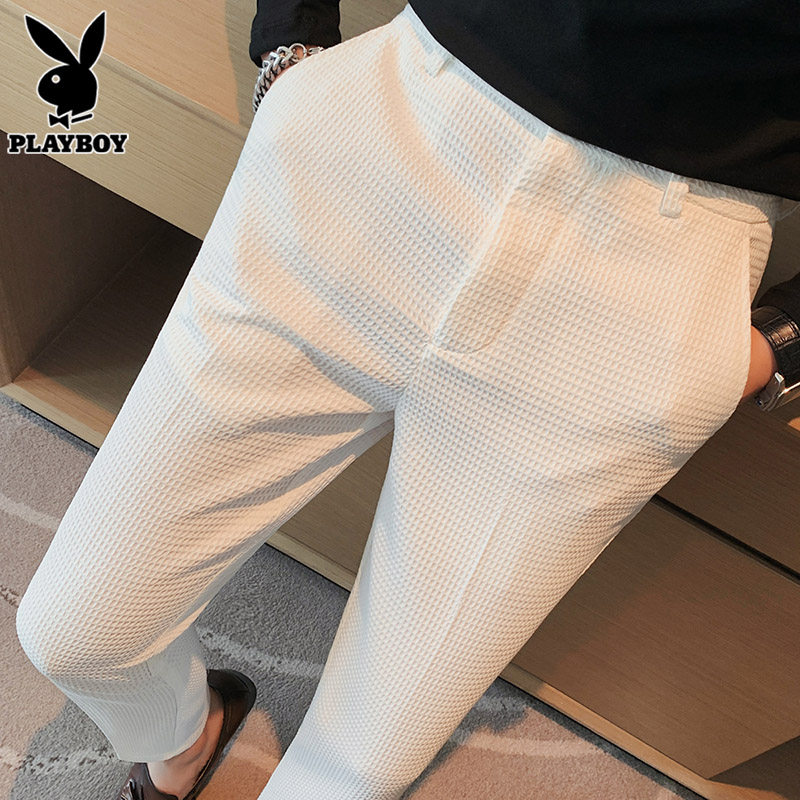 花花公子白色休闲裤男士华夫格西裤夏季潮牌简约修身九分长裤子男