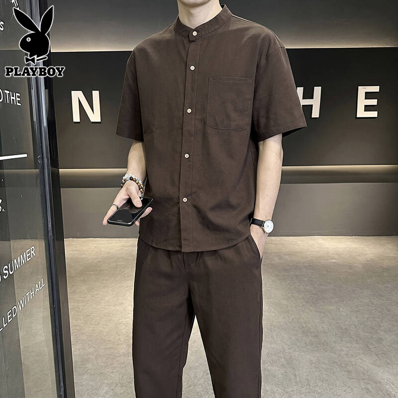 花花公子亚麻休闲套装男士2026年夏季立领短袖衬衫运动长裤一套男