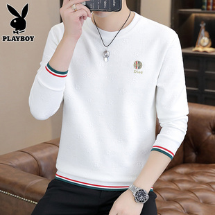 花花公子白色卫衣男士休闲上衣新款潮牌帅气圆领长袖t恤男春秋季