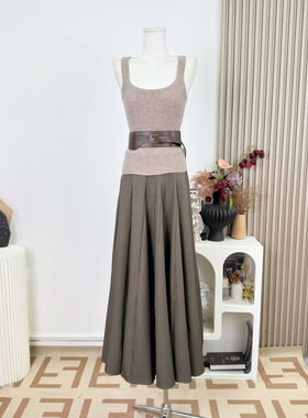 JAYKY YANG【秀场重磅】纯羊毛针织背心褶皱大摆裙宽边皮带套装