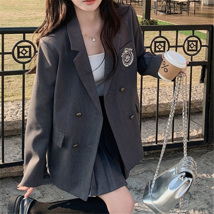 学院风灰色西装套装女2025秋新款高级感宽松休闲西服百褶裙两件套