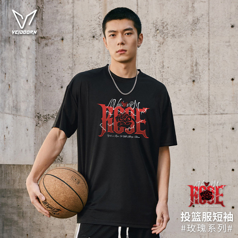 维动玫瑰短袖投篮服罗斯T恤男夏季美式篮球训练户外运动跑步透气V