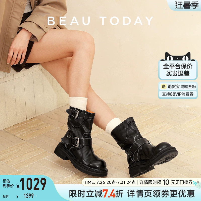 BeauToday厚底短靴女夏季真皮骑士靴女黑色英伦风机车靴子时装靴