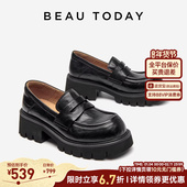 女春季 黑色粗跟单鞋 BT英伦风小皮鞋 BeauToday厚底乐福鞋 真皮单鞋