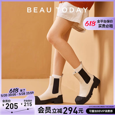 BeauToday骑士靴女真皮粗跟女靴