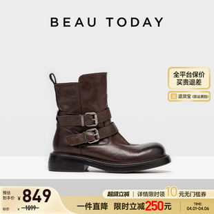 BeauToday英伦风短靴女款 复古机车靴骑士靴棕色靴子马丁靴 春季