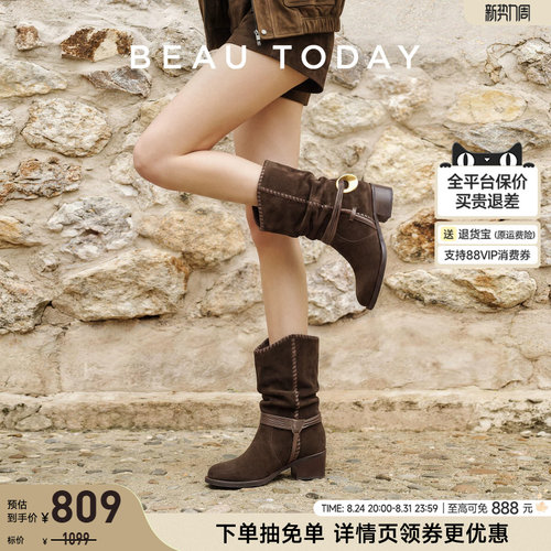 尖头美式复古厚底中筒牛仔靴