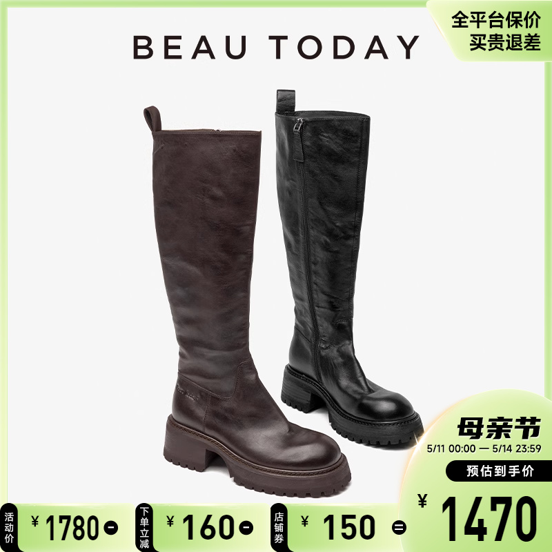 BeauToday长筒靴女高跟真皮粗跟