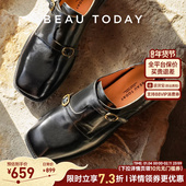女春季 复古真皮乐福鞋 英伦风小皮鞋 BeauToday方头孟克鞋 深口单鞋