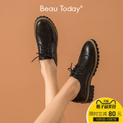 BeauToday2019新款秋季布洛克平底单鞋女粗跟时尚英伦真皮小皮鞋