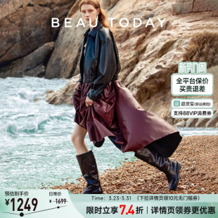 高筒骑士靴女BT黑色真皮长筒靴女 春季 BeauToday厚底时装 靴女款