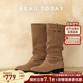 BeauToday弥野牧歌复古堆堆靴女春季 厚底高筒骑士靴复古长筒靴女